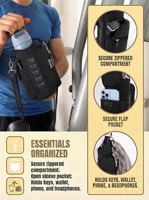 Magnetic Gym Bag for Women Men, Neoprene Water Bottle Carrier Bag with Strap fits 18-40oz, Crossbody Bag with Pockets