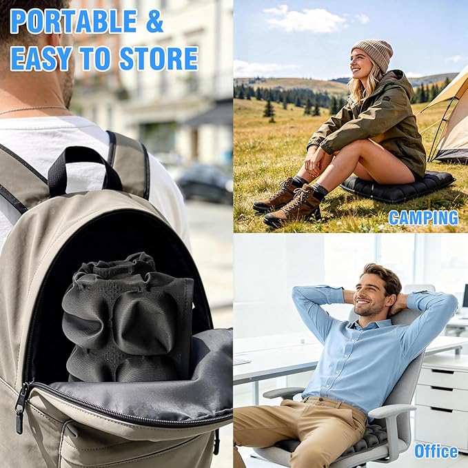 Upgrade Travel Cushion Airplane Seat with No External Pump, 3D Inflatable Seat Cushion, Adjustable Air Cushion with Non-Skid, Coccyx Tailbone Pain Relief Chair Pad for Office, Car, Wheelchair