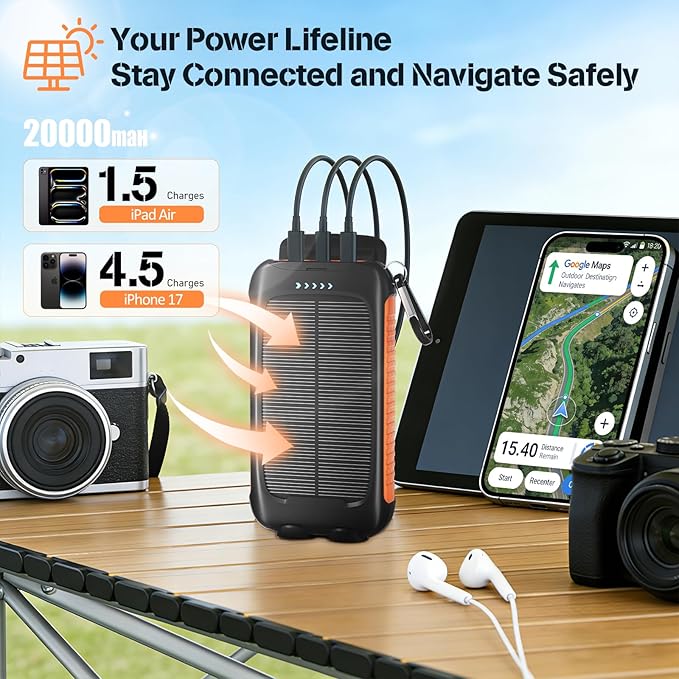Solar Phone Charger 20000mAh Portable Power Bank with 15W USB-A and USB-C Orange Battery Pack Compatible with iPhone, iPad, Samsung, Built-in 2 LED Emergency Flashlights Perfect for Camping, Travel