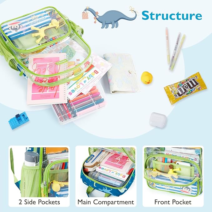 mommore Clear Backpack for Boys Kids Clear Bookbag for School Heavy Duty 15 Inch See Through Backpack Dinosaur Transparent Bag