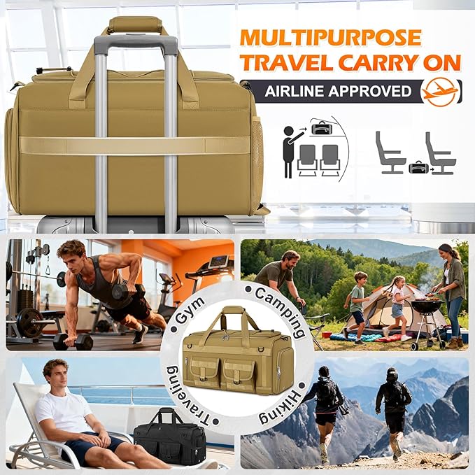 RAINSMORE 3 in 1 Gym Bag for Men, 45L Large Sports Duffle Bag with Shoe Compartment and Wet Pocket, Water-Resistant Tactical Backpack Carry On for Travel, Workout & Military Gear, Khaki