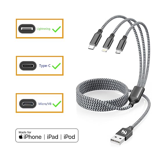 Xnewcable Multi Charging Cable 6ft 2Pack 3 in 1 Charger Cord, Multiple Rapid Nylon Braided Cable USB Charging Cable Multi Phone Charger Cord with Type C Micro Lightning USB Connectors for Cell Phones