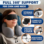 Plane Neck Pillow for Long Flights – 4-in-1 Set | Adjustable 100% Memory Foam Gray Airplane Pillow Neck Support, 3D Eye Mask, Earplugs, & Soft Washable Cotton Cover, Button Closure – Comfort Traveling