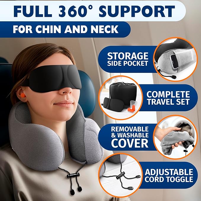 Plane Neck Pillow for Long Flights – 4-in-1 Set | Adjustable 100% Memory Foam Gray Airplane Pillow Neck Support, 3D Eye Mask, Earplugs, & Soft Washable Cotton Cover, Button Closure – Comfort Traveling