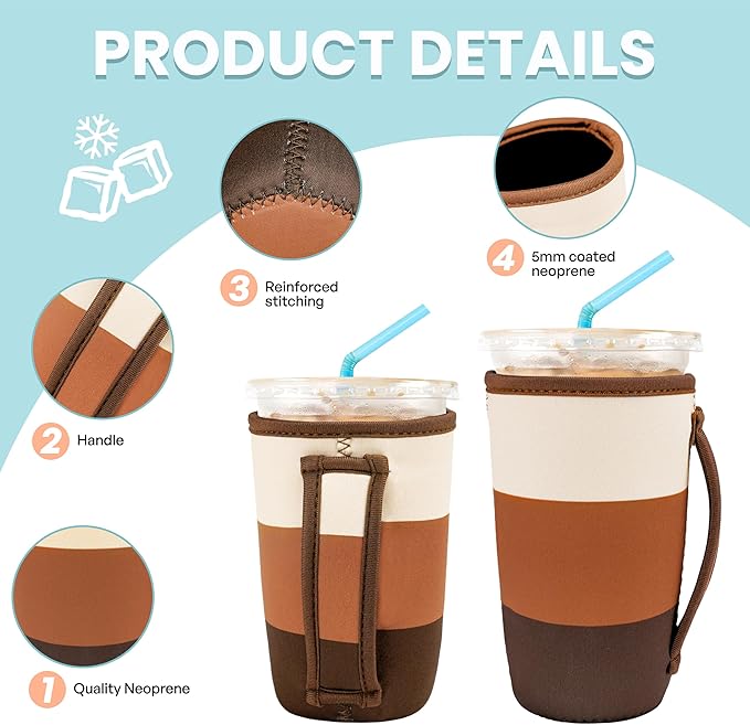 KJQJLY 3 Pack Reusable Iced Coffee Sleeves for Iced Coffee Cups or Drinks Reusable Neoprene Insulated Sleeves for Hot and Cold Drinks from Starbucks, Dunkin, And More (Mocha Brown)