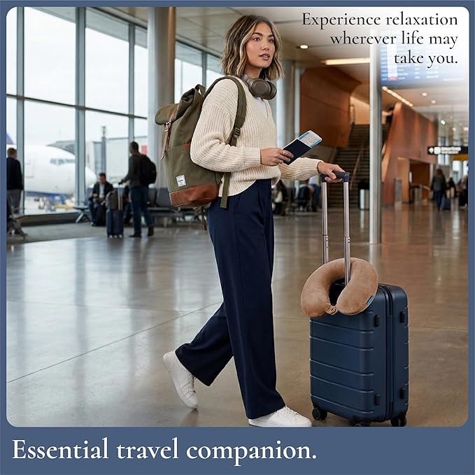 Brookstone Travel Neck Pillow - Lightweight U-Shaped Memory Foam Travel Pillow for Airplane, Car Travels & Sleeping, Khaki