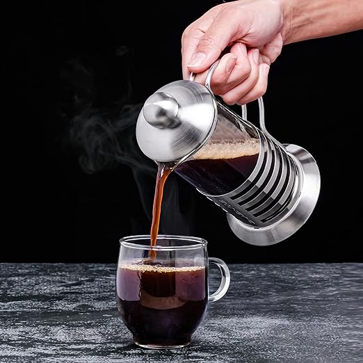 OVENTE French Press Coffee Maker 20 Ounce with Heat Resistant Borosilicate Glass, Stainless Steel Design and 4-Level Filter System, Portable Cold Brewer Pot for Travel, Camping or Gift, Silver FSH20S