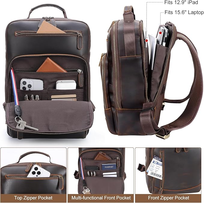 TIDING Full Grain Leather Laptop Backpack for Men, Vintage 15.6 Inch Computer Work Bag College Business Casual Daypack