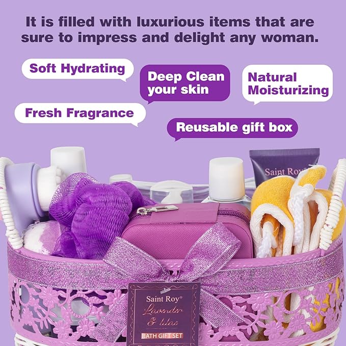 Mothers Day Gifts for Women, 25Pcs Lavender Bath and Body Gift Basket, Facial Skin Care Set, Spa Kit, Self-Care Set, Home Spa Basket set, Necklace, Birthday, Christmas, Mother Day, Anniversary