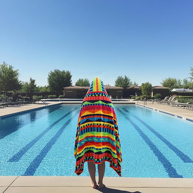 COTTON CRAFT Hooded Beach Towel for Adults – Oversized 39 x 68 Towel with Hood - 100% Cotton Velour Terry Jacquard Pool Bath Wrap - 450 GSM Soft Absorbent Quick Dry – Cozumel Red Blue Yellow
