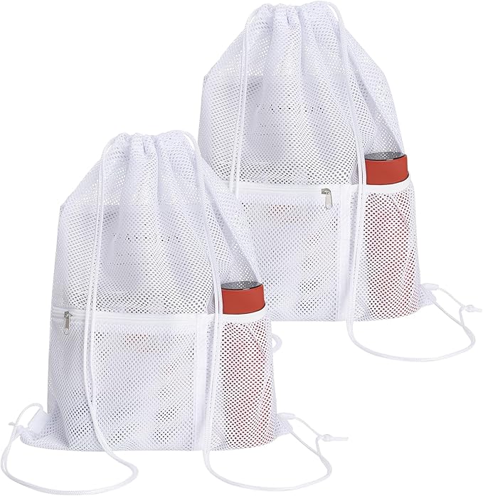 NATURAL STYLE 2 PACK Mesh Drawstring Backpack Bag, Multifunction Mesh Bag for Swimming, Athletic Gym, Clothes, Beach, Swim (White)