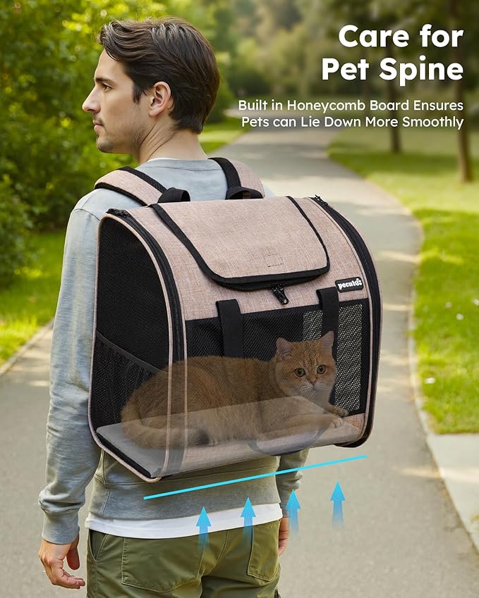 Pecute Cat Backpack with Widened Interior Space, Upgraded Dog Backpack Carrier with Various Ways to Carry, Pet Backpack with Breathable Mesh, Pet Travel Carrier with Soft Padded,Khaki