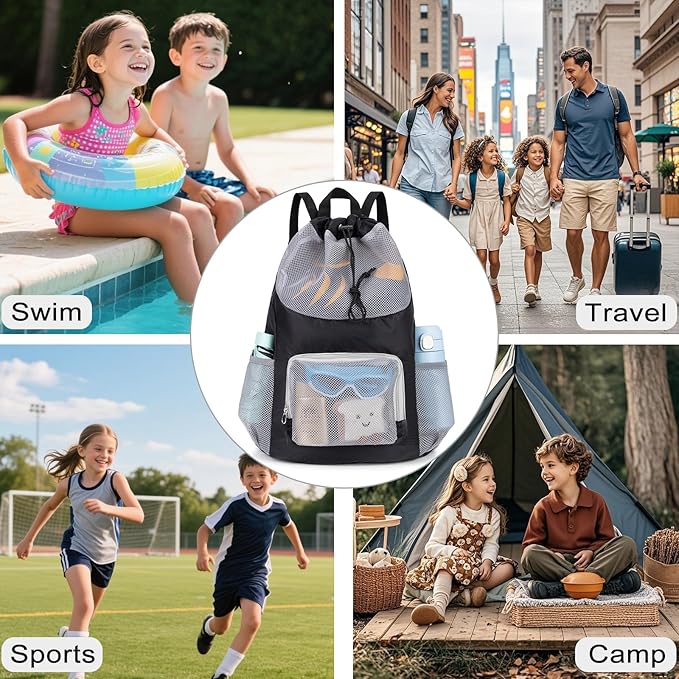 Swim Bag for Kids Mesh Beach Backpack for Boys Lightweight Drawstring Beach Bag Swimming Pool Sports Gym String Bag (Black)