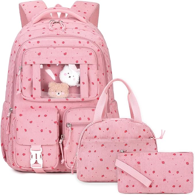 PIG PIG GIRL Corduroy Backpack 3PCS Kids Backpack for Girls School Bags for Middle School Students Book Bag for Elementary Primary Kawaii Ita Backpack with Lunch Box Pencil Case Set, Pink Strawberry