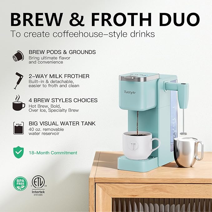Tastyle Single Serve Coffee Maker with Built-in Detachable Milk Frother, Iced and Hot Coffee Machine for K Cup & Grounds, 40oz Removable Water Reservoir, 6 Cup Sizes, Fits 7.3" Travel Mug, Teal