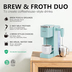 Tastyle Single Serve Coffee Maker with Built-in Detachable Milk Frother, Iced and Hot Coffee Machine for K Cup & Grounds, 40oz Removable Water Reservoir, 6 Cup Sizes, Fits 7.3" Travel Mug, Teal