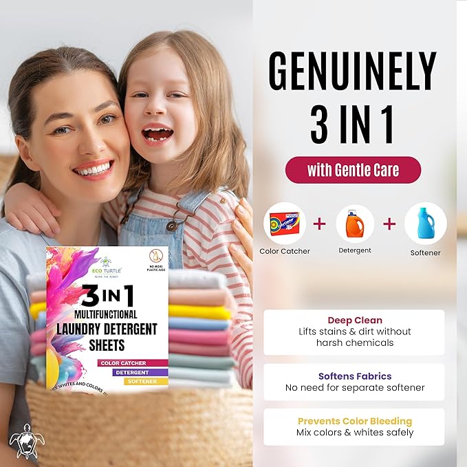 Color Catcher Fabric Softener Laundry Detergent Sheets 25 Loads Fresh Scent, Plant based, No Plastic Jugs Travel Friendly, Ultra Concentrated Mix Colored with Whites Detergent Softener & Color Catcher