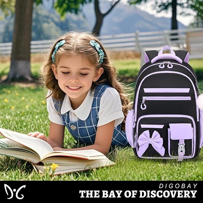 DIGOBAY Backpack for Girls, 3PCS Girls Backpack for School with Lunch Bag Pencil Case, Cute Kids Teens Bookbag for Kindergarten Elementary Preschool Middle School (Black-Purple)
