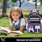 DIGOBAY Backpack for Girls, 3PCS Girls Backpack for School with Lunch Bag Pencil Case, Cute Kids Teens Bookbag for Kindergarten Elementary Preschool Middle School (Black-Purple)