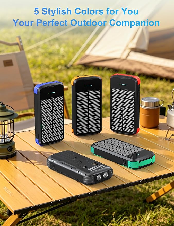 Solar Charger Power Bank, PD 20W Fast Charging External Batter, 40000mAh Portable Phone Charger Built in 4 Cables with Dual Bright Flashlights for Camping, Hiking, and Outdoor Use (Black)