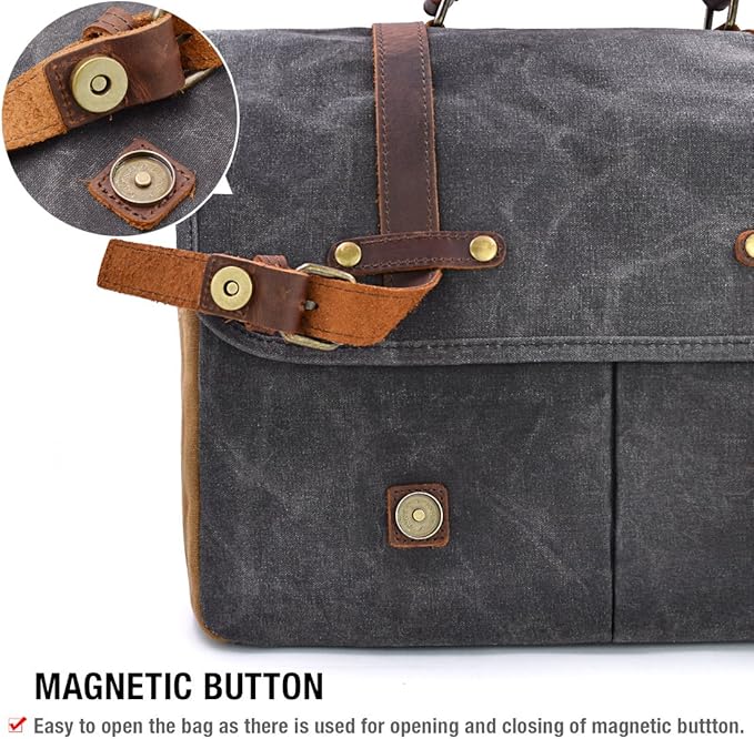 Mens Messenger Bag 15.6 Inch Waterproof Vintage Genuine Leather Waxed Canvas Briefcase Large Satchel Shoulder Bag Rugged Leather Computer Laptop Bag, Grey