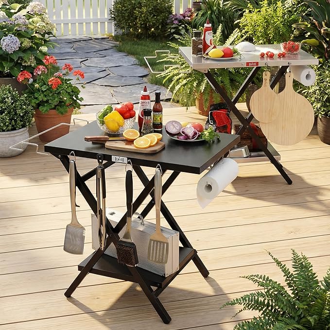 Feasto Folding Grill Table, Pizza Oven Table & Portable Table with Bottom Shelf, Tool Hooks, Trash Bag Holder & Paper Towel Rack, Grill Stand for Pizza Oven & Tabletop Griddle (Black)