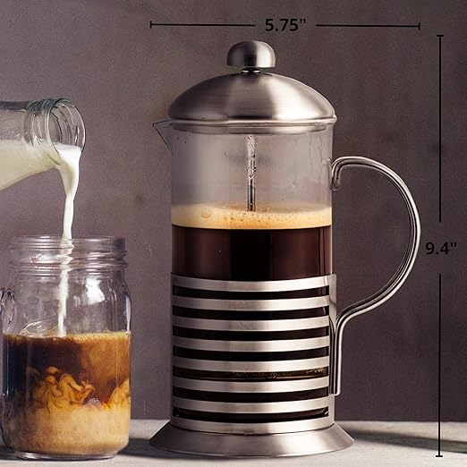 OVENTE French Press Coffee Maker 34 Ounce with Heat Resistant Borosilicate Glass, Stainless Steel Design and 4-Level Filter System, Portable Cold Brewer Pot for Travel, Camping or Gift, Silver FSH34S