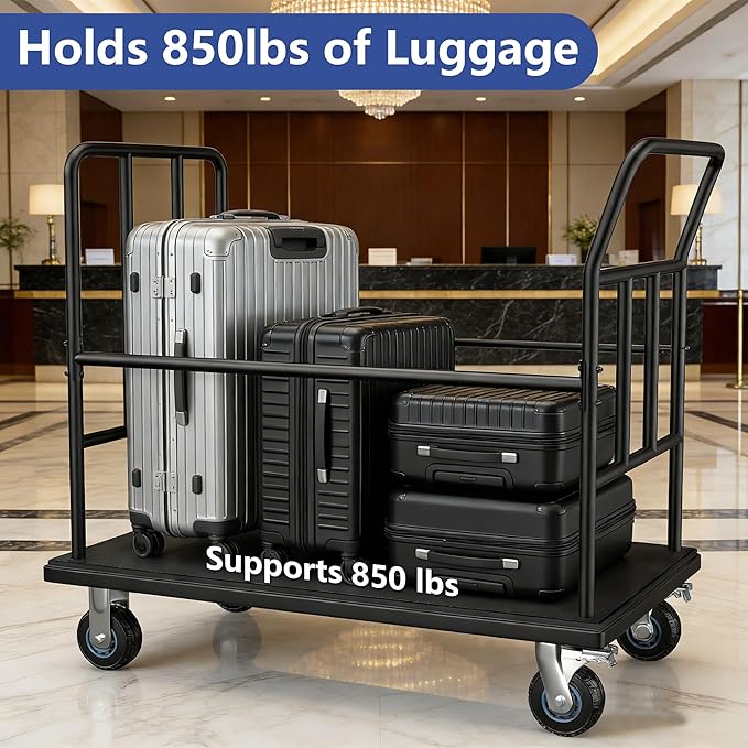 Luggage Cart,Heavy-Duty Steel Luggage Trolley with Wheels,850LB Load Hand Truck,Reinforced Frame for Hotel Bellman,Airport & Hospitality Use,Smooth-Rolling Platform Dolly