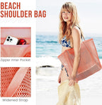 HOHOM Beach Bags for Women, Summer Travel Mesh Tote Bag with Large Inner Pocket, Sandproof Woven Shoulder Handbag