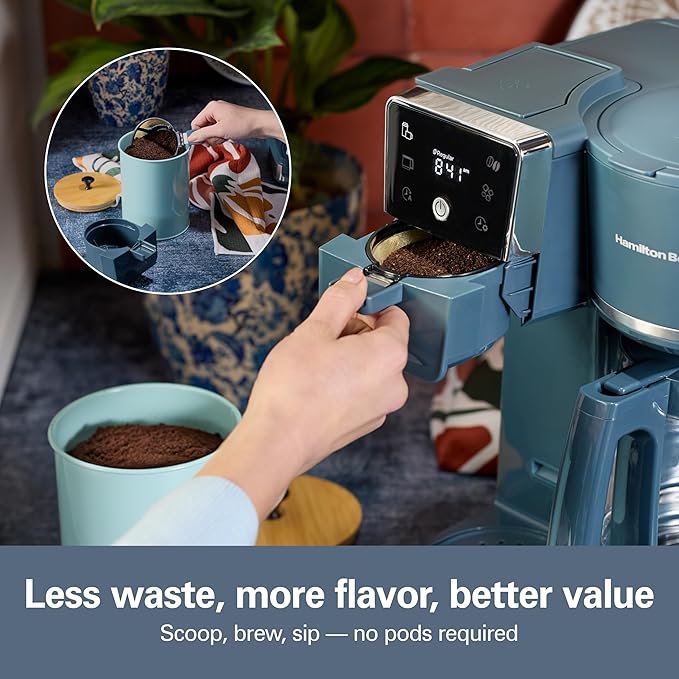 Hamilton Beach 2-Way 12 Cup Programmable Drip Hot and Iced Coffee Maker & Single Serve Coffee Machine, AquaFlow Showerhead, Glass Carafe, Auto Pause and Pour, Kitchen Makeover Blue (47502J)