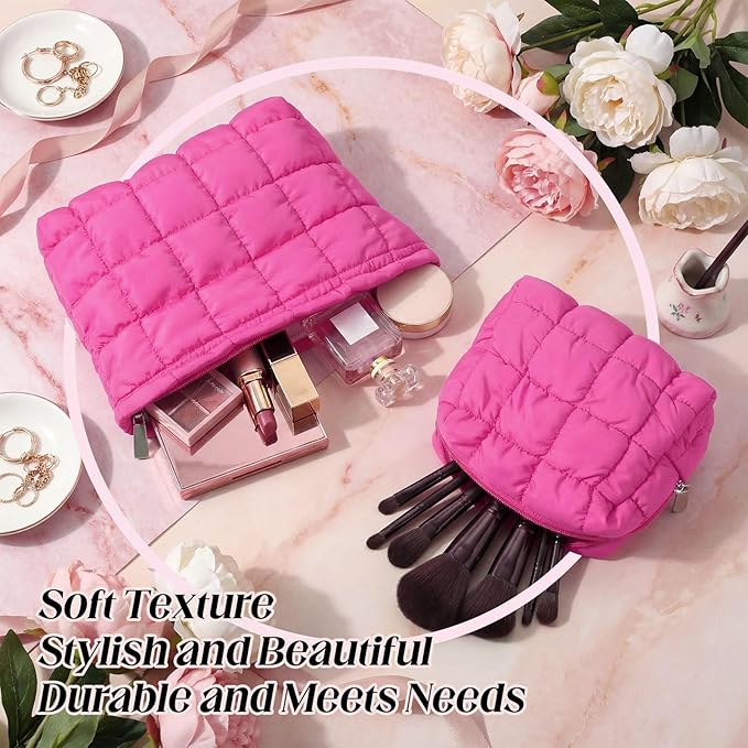Huhumy 2 Pcs Puffy Makeup Bag Quilted Cosmetic Pouch for Women Cute Checkered Travel Toiletry Bag Puffer Makeup Organizer Purse Pouch Preppy Pencil Case with Zipper(Hot Pink)