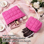 Huhumy 2 Pcs Puffy Makeup Bag Quilted Cosmetic Pouch for Women Cute Checkered Travel Toiletry Bag Puffer Makeup Organizer Purse Pouch Preppy Pencil Case with Zipper(Hot Pink)