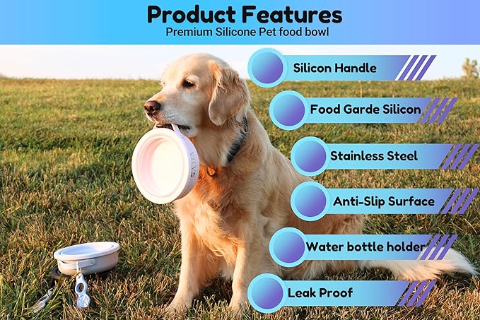 2-in-1 Travel Dog & Cat Bowl – Collapsible BPA-Free Silicone & 18/8 Stainless Steel, Portable & Non-Slip with Handle, Easy to Clean, Food & Water Bowl for On-the-Go Pets, Bottle/PoopBag Holder