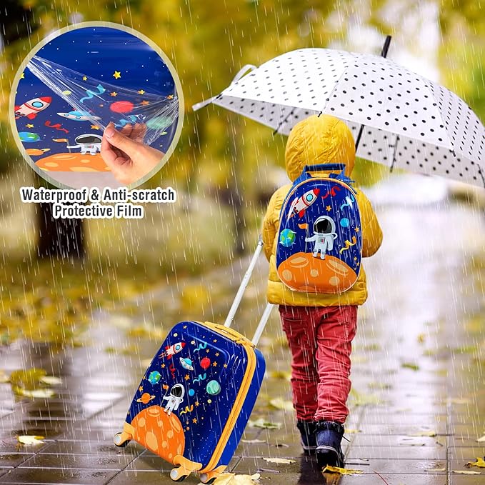 BABY JOY 2 PC Kids Carry On Luggage Set, 18" Toddler Trolley Case & 12" Backpack with Hard Shell & Rolling Wheel Design, Kids Suitcase for Boys Girls (Astronaut)