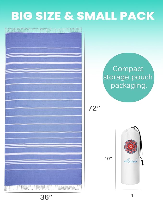 6 Pack Turkish Beach Towels Vacation Essentials with Bag Quick Dry Sand Free Soft Absorbent Adult Bath Pool Swim Long Wide Stripe Towel Cloud Linen Sandfree Mat Summer Thing Lightweight Travel Blue