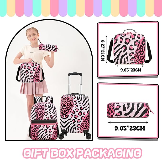 Kids Luggage with Spinner Wheels 5 Piece Carry on Suitcases for Girls Backpack with Lunch Box Pencil Case 16" Toddler Suitcase Set Airline Approved (Pink Leopard)