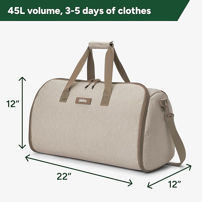 Halfday Convertible 2-in-1 Garment Duffel Weekender Bag 45L: Wrinkle-Free Travel (Hanging Suit Compartment, Shoe Pockets, Trolley Sleeve), Durable & Water-Resistant Carry-on, Stone