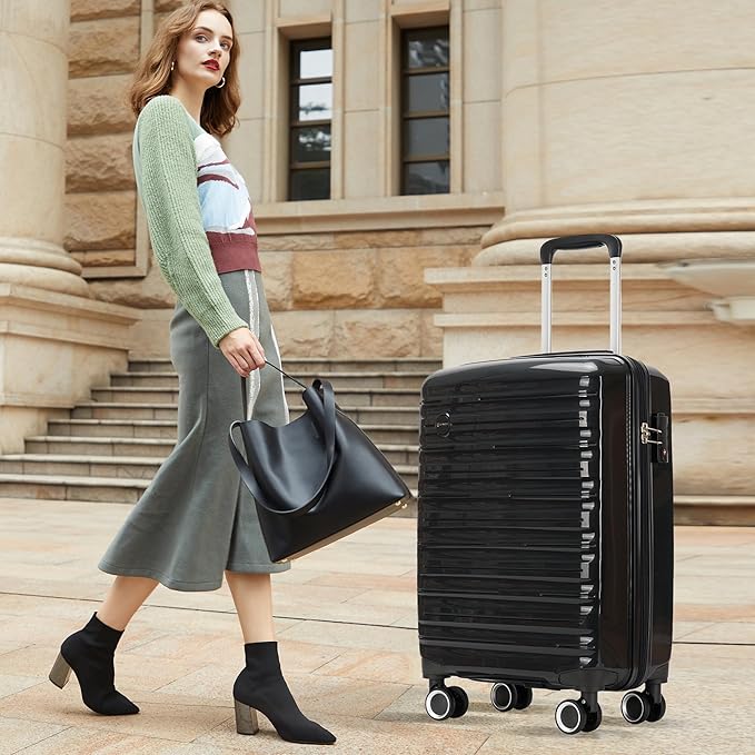 GinzaTravel 28 Inch Large Luggage Hardside Suitcase with Spinner Wheels TSA Approved Lock, Lightweight PP Hard Shell Luggage for Travel & Business, Black