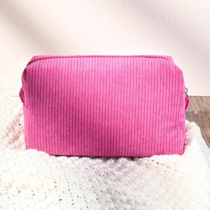 SOIDRAM 2 Pcs Corduroy Makeup Bag Large Cosmetic Bag Toiletry Bag Makeup Pouch Travel Bag Organizer Cute Makeup Brushes Aesthetic Accessories Storage Bag for Women Rose Red
