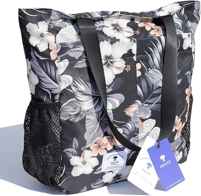 ESVAN Original Floral Tote Bag Large Shoulder Bag with Multi Pockets for Gym Travel Beach Daily Bags