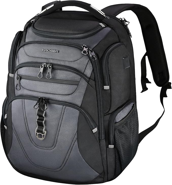 KROSER TSA Friendly Travel Laptop Backpack 18.4 inch XXXL Gaming Backpack Water-Repellent College Daypack Business Backpack with RFID Pockets & USB Port for Men/Women-Black/Grey