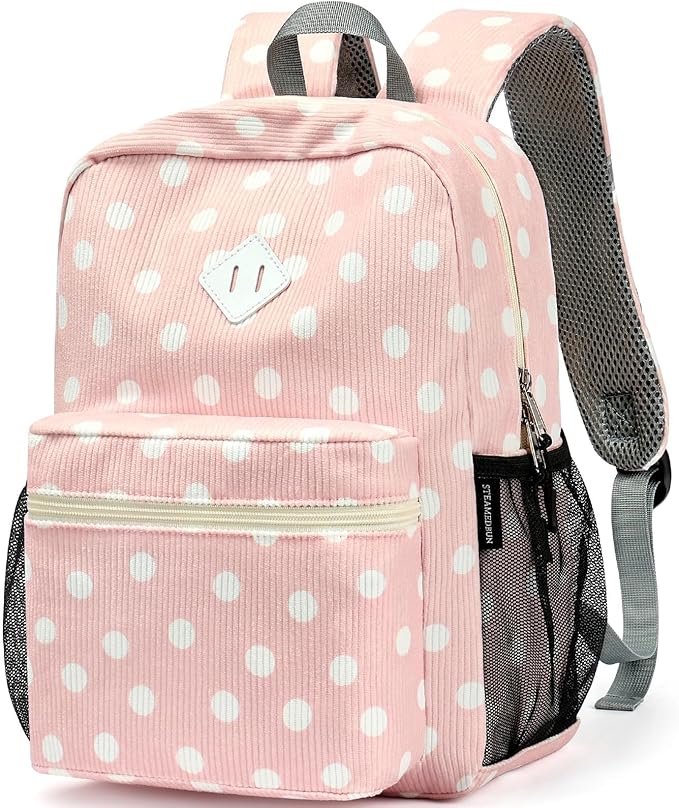 STEAMEDBUN Corduroy Kids Backpack for Girls Boys 3-8, Girls Backpack for Elementary Kindergarten - Polka Dot