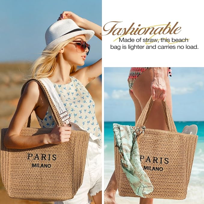 Tavaleu Straw Beach Bags for Women, Large Beach Bag Summer Woven Tote Bag Travel Shoulder Handbags for Holiday