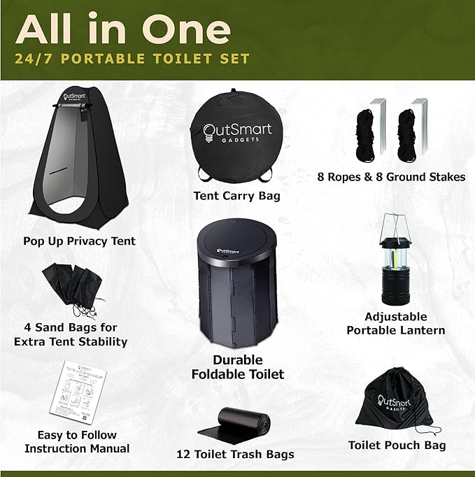 Outsmart Gadgets Outdoor Portable Toilet Set for Adults with Camping Night Lantern, Folding XL Toilet, Pop Up Privacy Tent and Carry Bags, Multipurpose Potty, Washable and Foldable for RV Travel