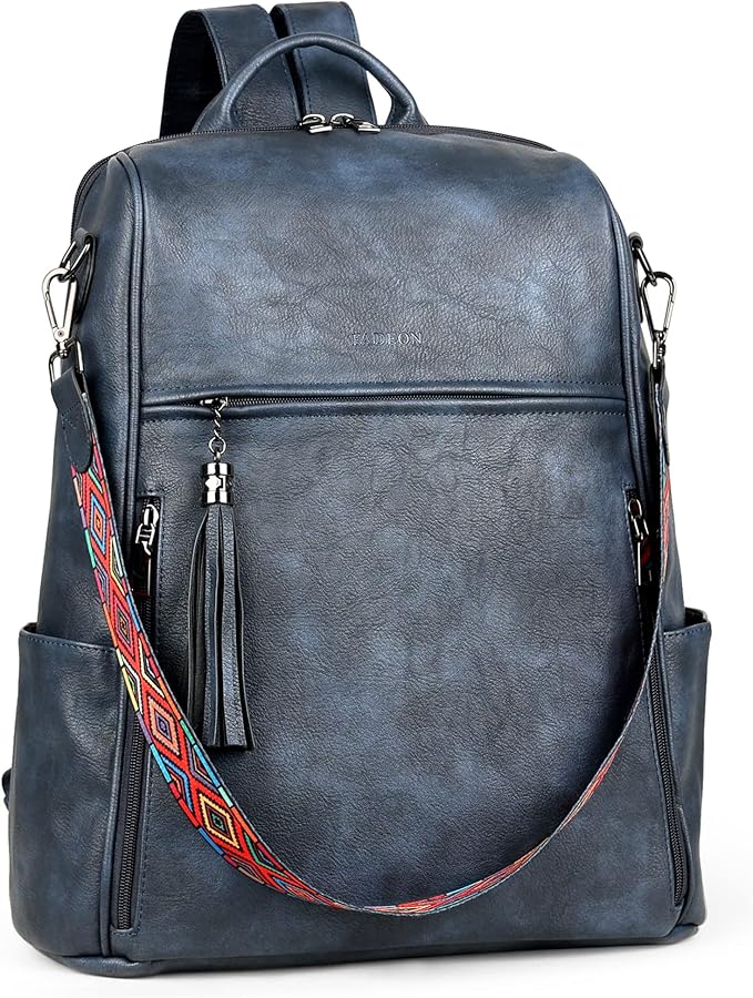 FADEON Leather Laptop Backpack for Women Designer 15.6 inch PU Laptop Bag, Ladies Travel Computer Work Backpack Blue