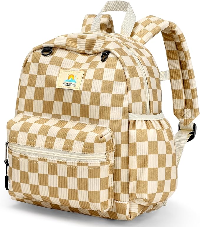 STEAMEDBUN Corduroy Toddler Backpack for Girls 2-4: Kids backpack for Boys Girls - 12 inch Preschool Kindergarten Backpacks - Checkered