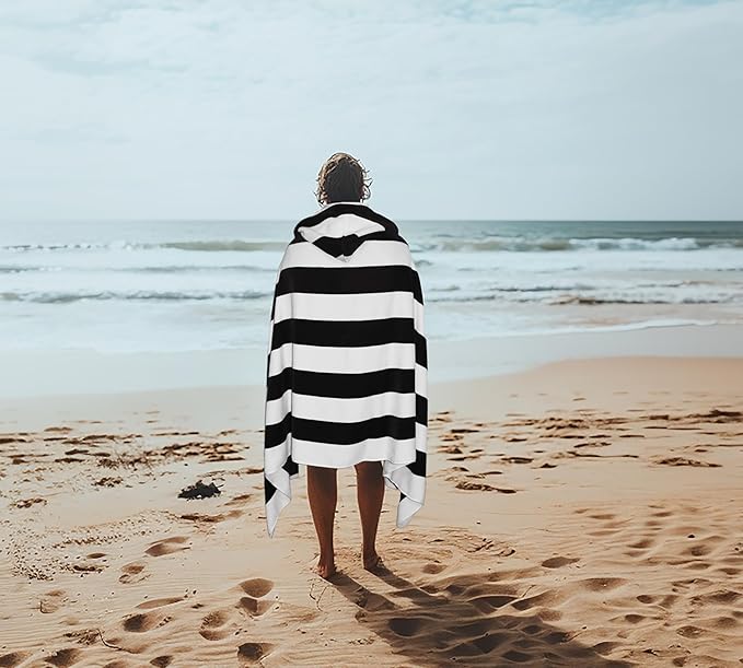 COTTON CRAFT Hooded Beach Towel – Oversized 35 x 70 Towel with Hood for Adults - 100% Cotton Velour Dobby Terry Towel - 450 GSM Pool Bath Wrap - Soft Absorbent Quick Dry – Cabana Stripe Black