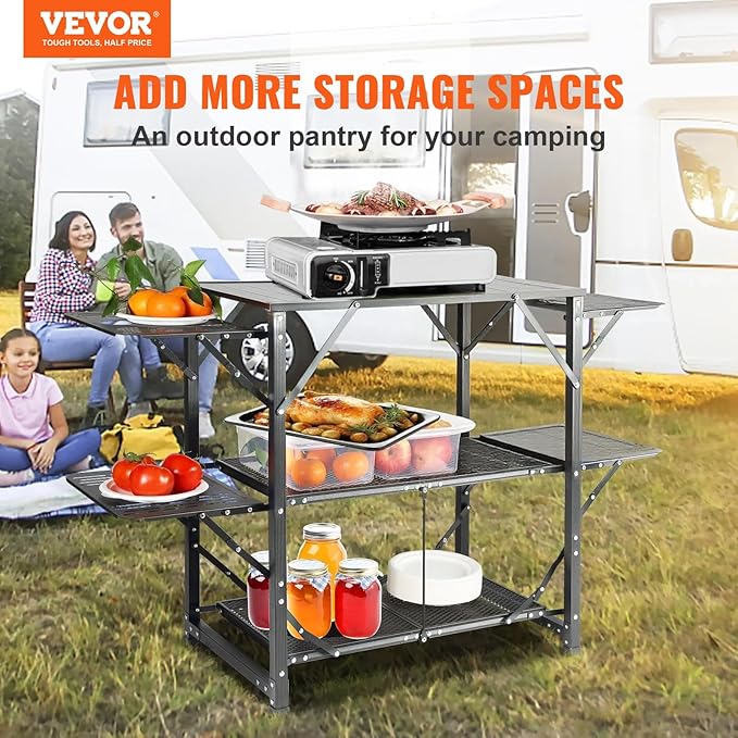 VEVOR Camping Kitchen Table, Aluminum Folding Portable Outdoor Cook Station with 4 Iron Side, 2 Shelves & Carrying Bag, Quick Installation for Picnic BBQ Beach Traveling