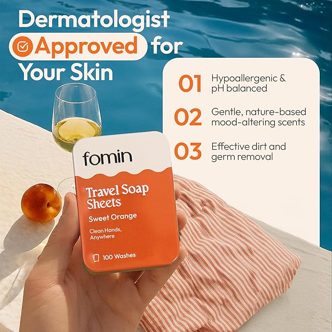 FOMIN - Antibacterial Paper Soap Sheets Tin for Traveling - 300 Variety (Unscented, Orange, Lavender) Portable Travel Hand Soap Sheets, Dissolvable Mini Camping Hand Soap for Hand Washing and Camping