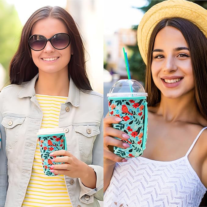 KJQJLY 3 Pack Reusable Iced Coffee Sleeves for Iced Coffee Cups or Drinks Reusable Neoprene Insulated Sleeves for Hot and Cold Drinks from Starbucks, Dunkin, And More (Bird)